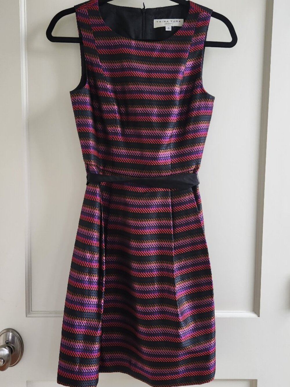 Trina Turk Jacquard Fit & Flare Dress Multicolor Sleeveless Belted Size 0